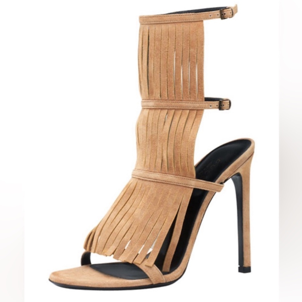Gucci Suede Fringe Becky High Heel Sandals 37,5 Sand